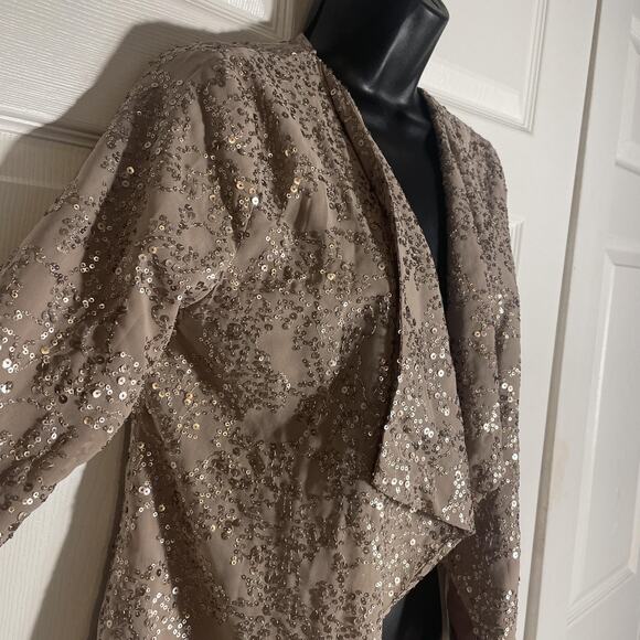 New York & Company Jacket Women XS Taupe Sequin Open Front Waterfall Blazer Top - Picture 2 of 11